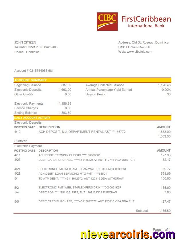 Dominica CIBC First Caribbean International Bank statement easy to fill in .xls and .pdf file format